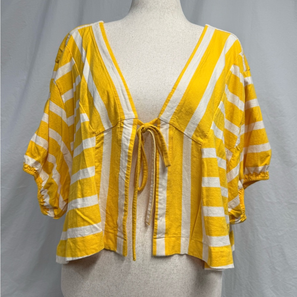 Anthropologie Maeve Striped Tie-Front Top Jacket Gathered 3/4 Sleeve